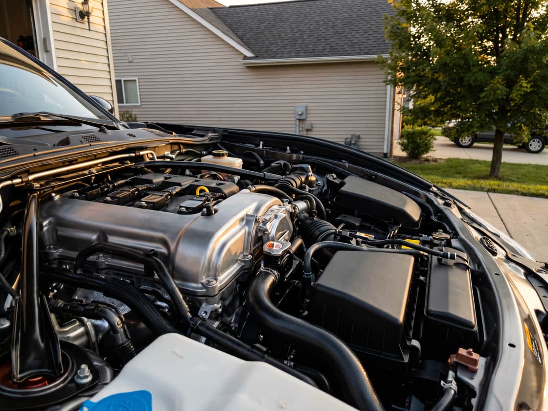 Cleaned engine bay with plastics dressed satin and hoses neatly seated