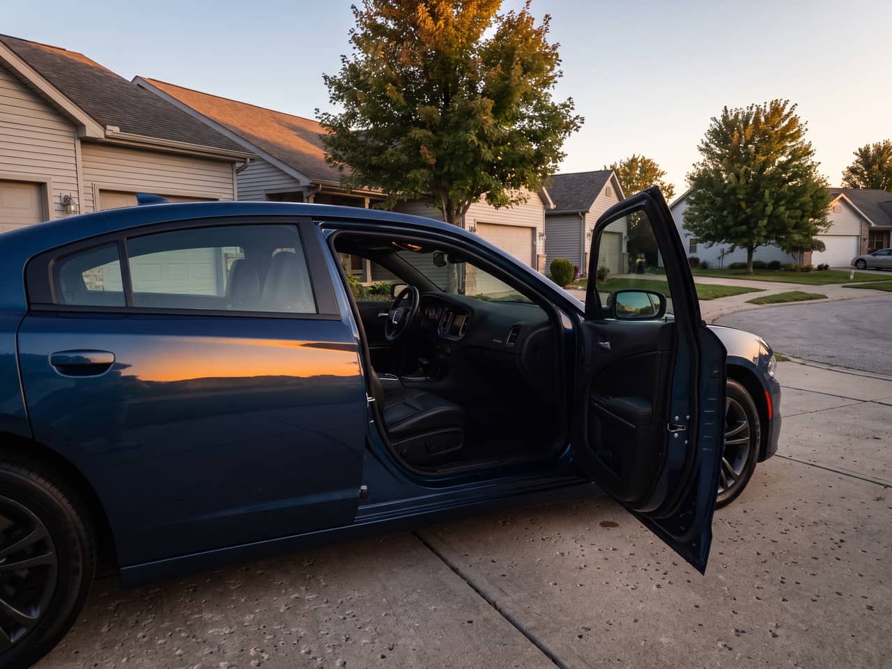 Detailed car interior from the open driver's door, carpet vacuumed and dash dressed matte